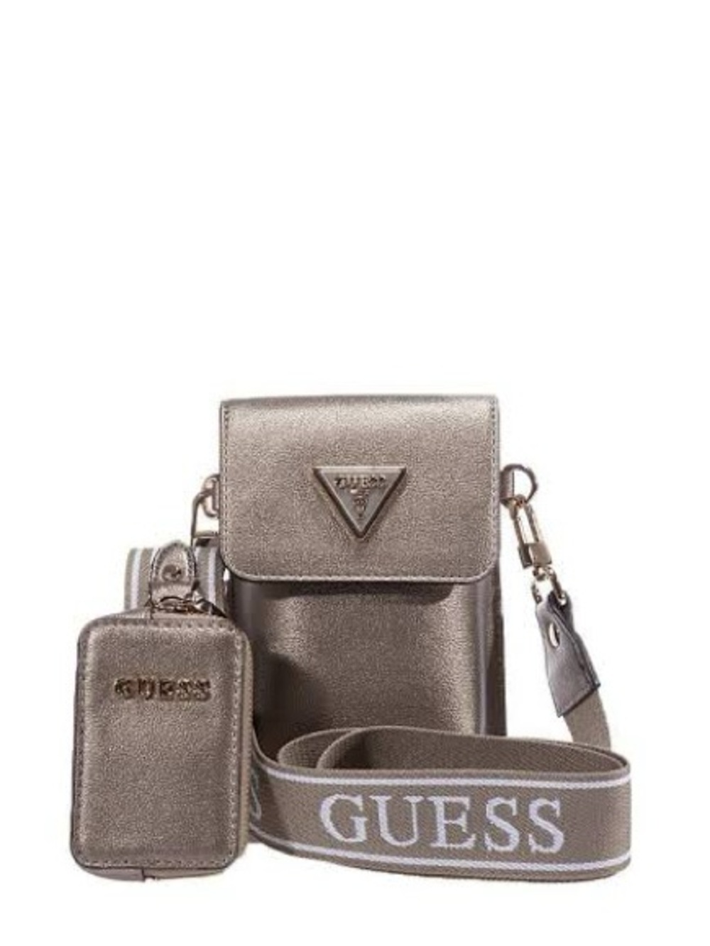 GUESS Metallic Taupe Crossbody Phone Pouch with Logo Strap